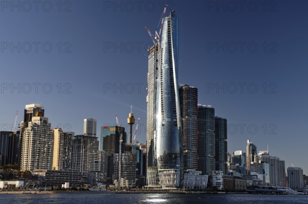 Modern skyline of Sydney with skyscrapers in Barangaroo and Walsh Bay on the waterfront, Sydney, New South Wales, Australia