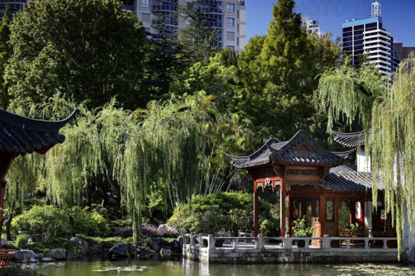 Traditional pavilion with pond and city buildings in the background, Sydney, New South Wales, Australia