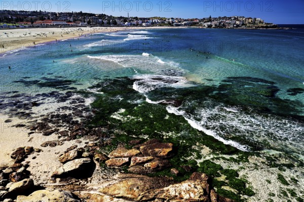 Clear blue water and waves on the picturesque Bondi Beach coast, Sydney, New South Wales, Australia