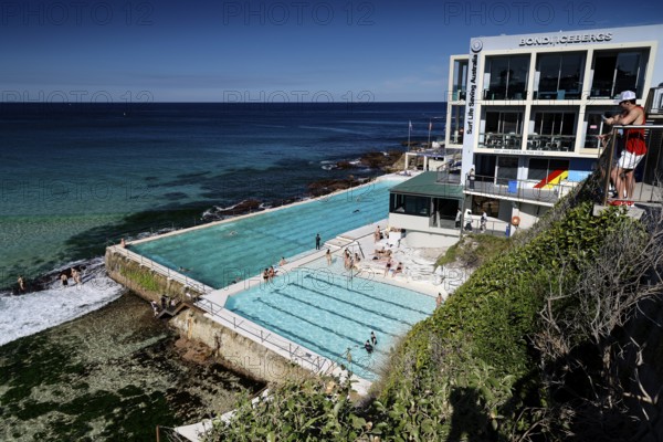 Iconic Bondi Icebergs swimming club on the coast overlooking the open sea, Sydney, New South Wales, Australia