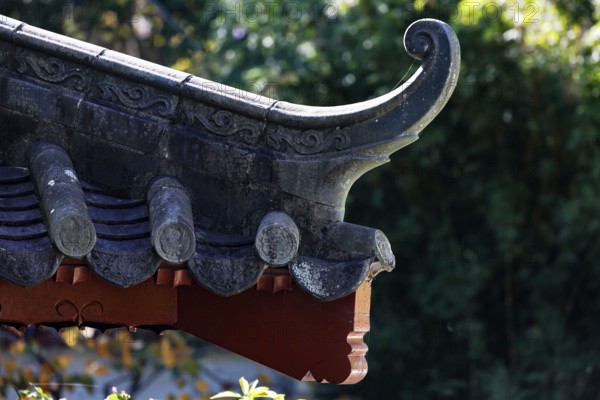 Close-up of an artfully designed roof in the Chinese Garden, Sydney, New South Wales, Australia