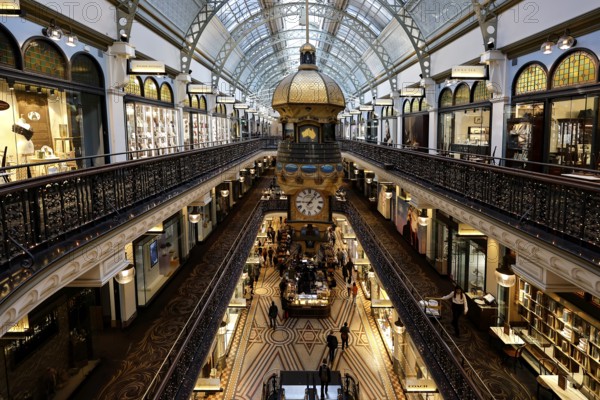 Magnificent interior gallery of the Queen Victoria Building with impressive dome and elegant lighting, Sydney, New South Wales, Australia
