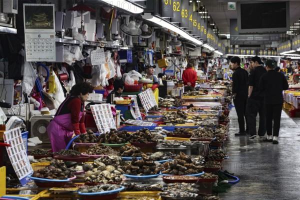 Bustling Jagalchi fish market in Busan full of people and stalls, Busan, South Korea
