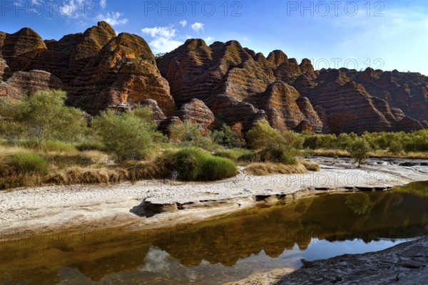 View of rock domes and a dry riverbed of Piccaninny Creek, Purnululu, Western Australia, Australia