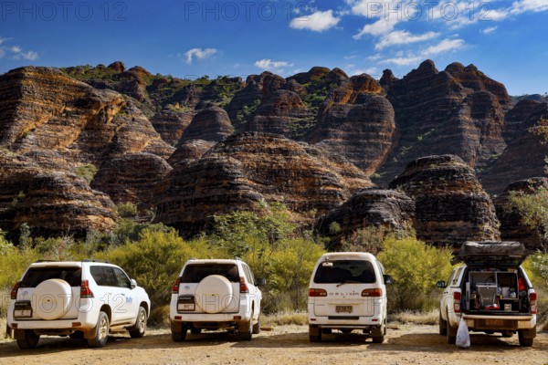 Car park in front of the beehive-like sandstone cliffs in Purnululu National Park, Purnululu National Park, Western Australia, Australia