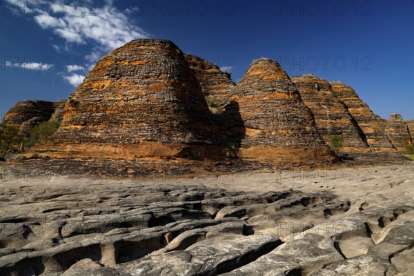 Spectacular Bungle Bungle rock formations rise from a dry riverbed, Purnululu National Park, Western Australia, Australia