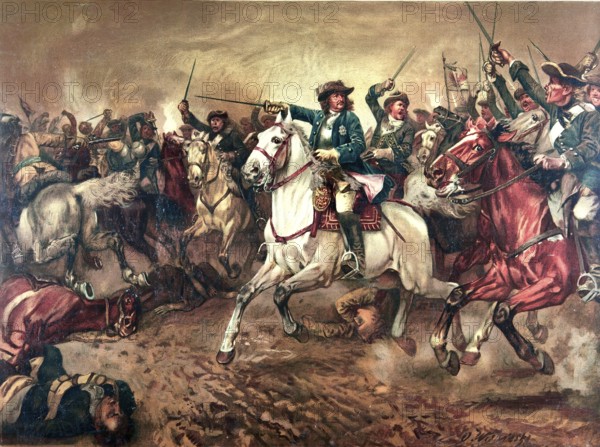 In the Battle of Fehrbellin on 28 June (Gregorian) 1675, the troops of Brandenburg-Prussia under Elector Friedrich Wilhelm defeated the Swedish army, school picture, authentic reproduction of a school mural, around 1911, exact date unknown, Historical