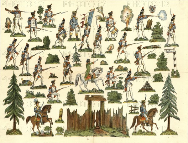 The Battle of Wagram, July 5 - 6, 1809, was the decisive battle of the War of the Fifth Coalition, in which Napoleon's French troops defeated the Austrian army under Archduke Karl on the Marchfeld near Vienna, French soldiers, school painting, authentic reproduction of a school mural, around 1911, exact date unknown, historical