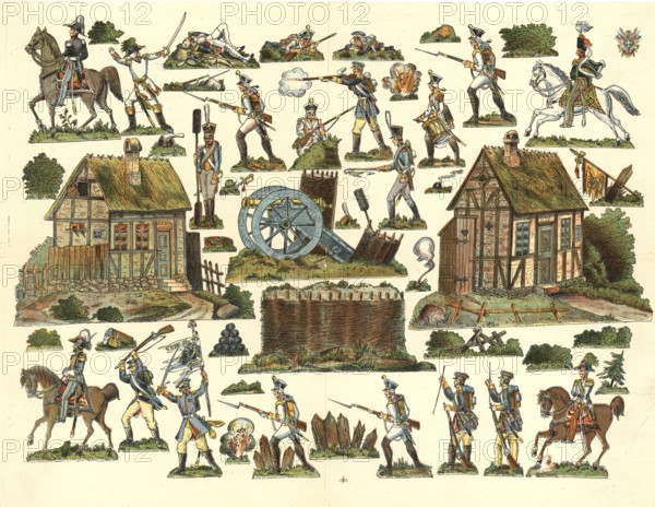 The Battle of Wagram, July 5 - 6, 1809, was the decisive battle of the War of the Fifth Coalition, in which Napoleon's French troops defeated the Austrian army under Archduke Karl on the Marchfeld near Vienna, school painting, authentic reproduction of a school mural, around 1911, exact date unknown, historical