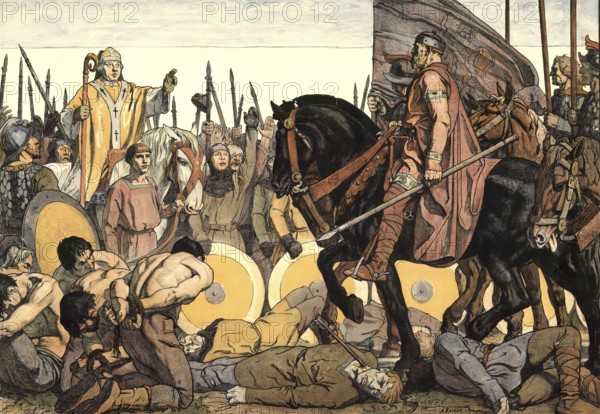 Otto I, the Great, is welcomed as father of the fatherland after the battle on Lechfeld, The Battle of Lechfeld on August 10, 955 was one of the most important military conflicts of the Middle Ages, school picture, authentic reproduction of a school mural, around 1911, exact date unknown, historical