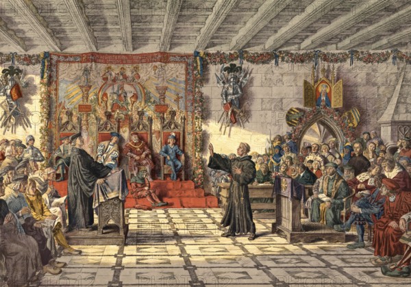 The Disputation in Pleissenburg in Leipzig, 1519, was a decisive dispute between Martin Luther, Karlstadt and Johann Eck, which promoted the Reformation by questioning the authority of the Pope and the Councils and making Luther call the Bible as a last resort, school picture, authentic reproduction of a school mural, around 1911, exact date unknown, historical