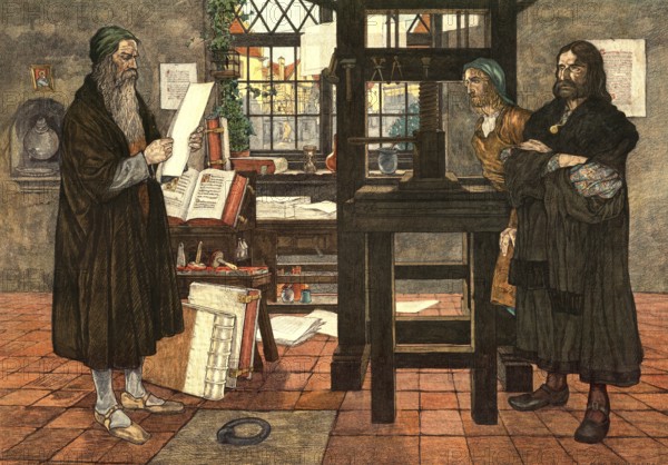 Johann Gutenberg, Gutenberg, together with the Mainz merchant Johann Fust and the trained scribe Peter Schöffer inventing letterpress with movable letters around 1450, looks at the first printed sheets, school picture, authentic reproduction of a school wall painting, around 1911, exact date unknown, historical