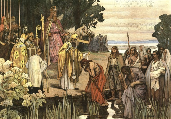 The baptism of Saxon Duke Widukind, also Wittekind, in 785 was a decisive turning point in the Saxon Wars against Charlemagne, as Widukind, the leader of the Saxon resistance, was baptized after his defeat, Charles became his godfather and he took an oath of allegiance, school picture, authentic reproduction of a school mural, around 1911, exact date unknown, historical