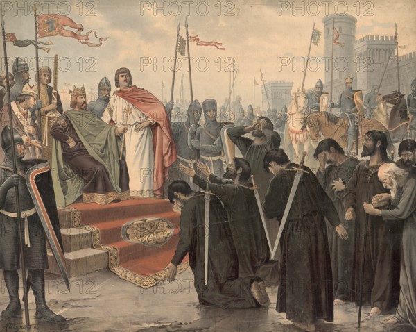 Frederick Barbarossa destroyed Milan in 1162 after a long siege in order to assert his imperial claim to power in Italy, which led to the complete destruction of the city after the inhabitants surrendered after months of hunger, school painting, authentic reproduction of a school mural, around 1911, exact date unknown, historical