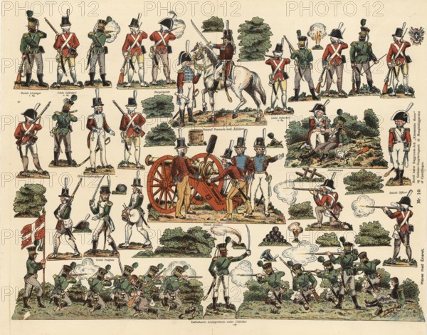 The bombing of Copenhagen in 1807, a British attack to secure the Danish fleet, involved intensive artillery shooting, including on residential areas such as in Classens Have, a suburb, to force the Danish capital to surrender, here Danish soldiers, school picture, authentic reproduction of a school mural, around 1911, exact date unknown, historical