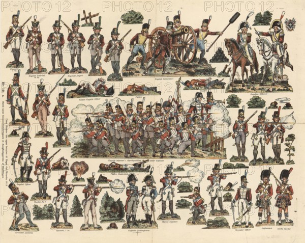 The bombing of Copenhagen in 1807, a British attack to secure the Danish fleet, involved intensive artillery shooting, including on residential areas such as in Classens Have, a suburb to force the Danish capital to surrender, here English soldiers, school picture, authentic reproduction of a school mural, around 1911, exact date unknown, historical