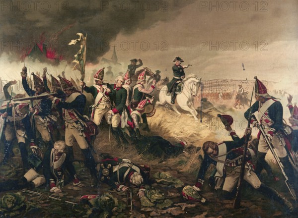 On August 25, 1758, a bloody battle of the Seven Years' War took place near Zorndorf, today Sarbinowo, Poland, in which Frederick the Great led a Prussian army against the superior Russian main army under General Fermor and achieved a tactical victory, school picture, authentic reproduction of a school mural, around 1911, exact date unknown, historical