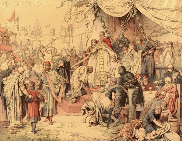 The Diet of Pentecost, Reichstag at Pentecost, was a magnificent imperial festival under Emperor Frederick I Barbarossa 1184 in Mainz, a highlight of chivalric culture with tournaments, festivals and a show of political power, school painting, authentic reproduction of a school wall painting, around 1911, exact date unknown, historical