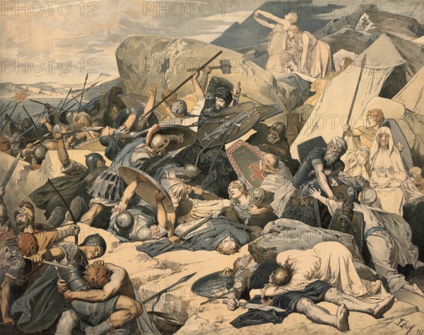 The Battle of Mons Lactarius (Milk Mountain) in 552 AD is also known as the Battle of Vesuvius and was the last great battle of the Gothic Wars, in which the Eastern Roman general Narses defeated the last Ostrogothic king Theia, school picture, authentic reproduction of a school mural, around 1911, exact date unknown, Historical