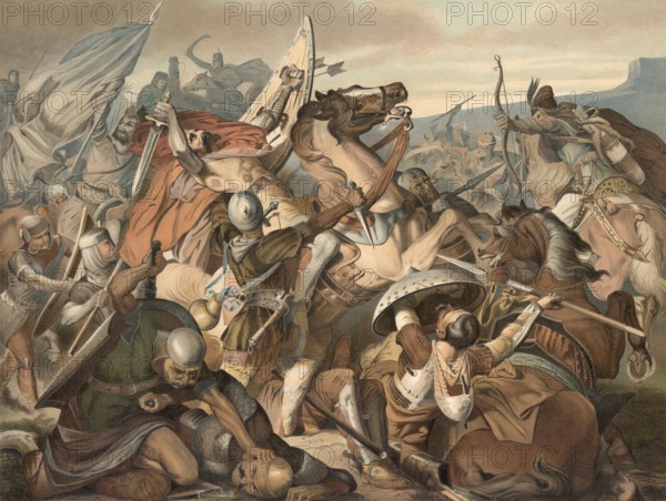 Margrave Luitpold of Bavaria fell on July 4, 907 in the crushing defeat of the Bavarian army against the Hungarians in the Battle of Pressburg, school painting, authentic reproduction of a school mural, around 1911, exact date unknown, historical