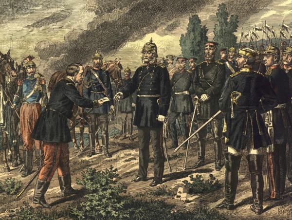 Scene during the Franco-Prussian War: General Auguste-Alexandre Reille delivered a letter from Emperor Napoleon III to King William I of Prussia near Sedan, in which he offered his unconditional surrender, school painting, authentic reproduction of a school mural, around 1911, exact date unknown, historical