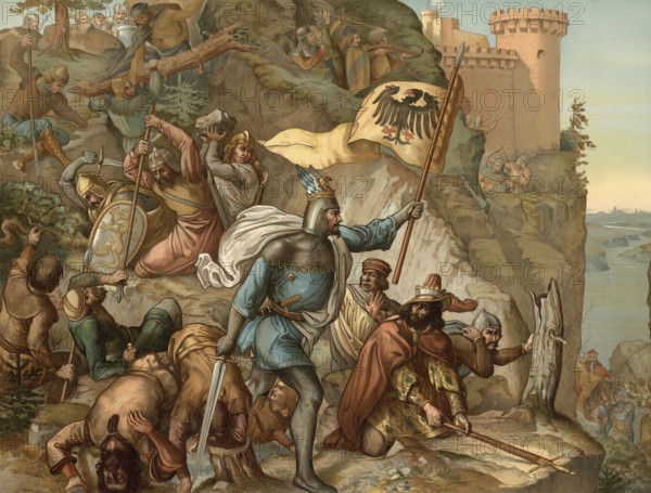 In 1155, Otto VI of Wittelsbach, later known as Duke Otto I of Bavaria, saved the imperial army under Frederick I Barbarossa in the Verona cloister, school picture, authentic reproduction of a school wall painting, around 1911, exact date unknown, historical