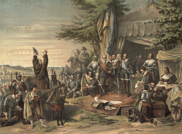 Before the Battle of White Mountain on November 8, 1620, Maximilian I of Bavaria acted as a central political and military force of the Catholic League, school picture, authentic reproduction of a school mural, around 1911, exact date unknown, historical