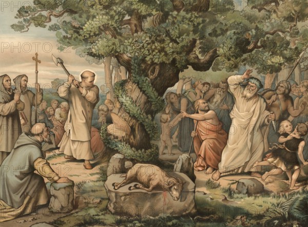 The felling of the Donar oak, also thunder oak or thor oak, near Geismar, by the missionary Boniface is one of the most famous events in German church history, ca 723, school picture, authentic reproduction of a school mural, around 1911, exact date unknown, historical