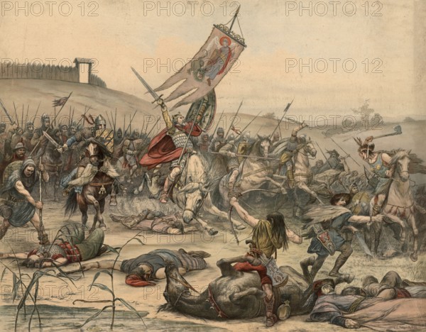 Otto the Great in the Battle of Lechfeld on August 10, 955, the East Franconian army under King Otto I against the mounted warriors of the Magyars. The Hungarians were crushingly defeated, school picture, authentic reproduction of a school mural, around 1911, exact date unknown, historical