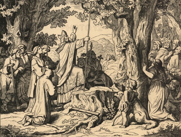 The felling of the Donar oak, also thunder oak or thor oak, by the missionary Boniface is one of the most famous events in German church history, ca 723, school picture, authentic reproduction of a school mural, around 1911, exact date unknown, historical