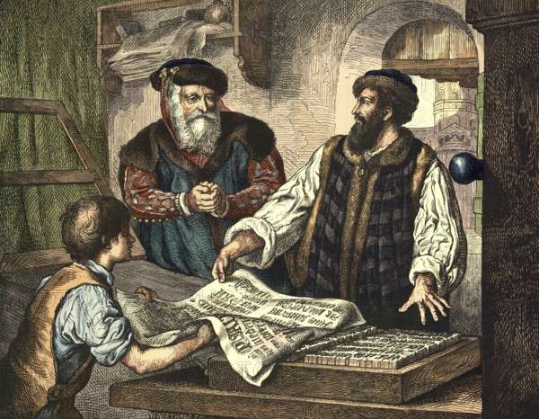 Johannes Gutenberg, revolutionized communication around 1450 through the invention of letterpress with movable metal letters in Mainz, school picture, authentic reproduction of a school wall painting, around 1911, exact date unknown, historical