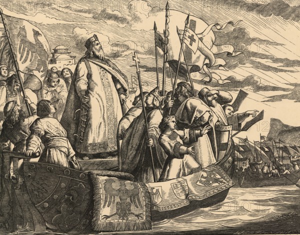 The crusade of Frederick I Barbarossa was part of the Third Crusade and began in 1189, school painting, authentic reproduction of a school mural, around 1911, exact date unknown, historical