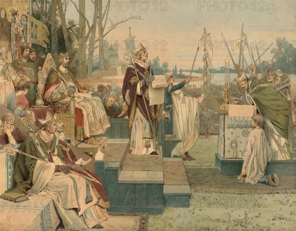 The Worms Concordat, 1122, was a compromise agreement between Emperor Henry V and Pope Calixtus II, which ended the long-standing investiture dispute, school picture, authentic reproduction of a school mural, around 1911, exact date unknown, historical