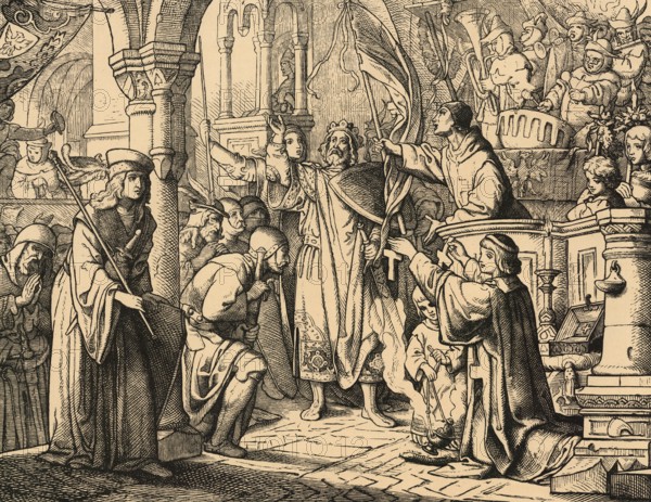 Bernard of Clairvaux preached on behalf of Pope Eugene III between 1146 and 1147 in Germany for the Second Crusade, school picture, authentic reproduction of a school mural, around 1911, exact date unknown, historical