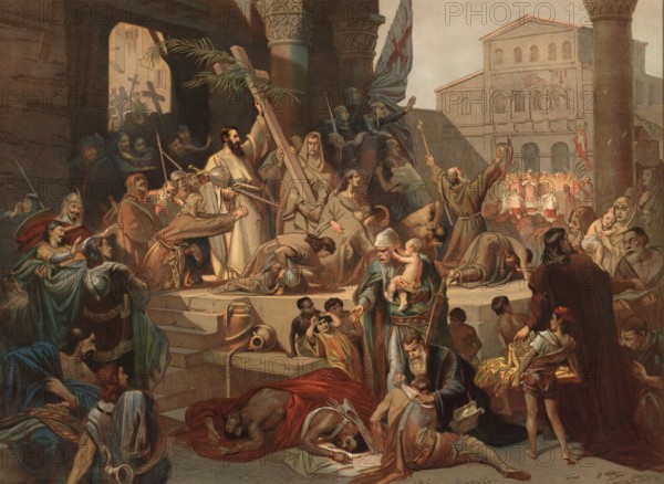 The conquest of Jerusalem by Godfrey of Bouillon took place on July 15, 1099 during the First Crusade, culminated in a bloody massacre of the Muslim and Jewish population and led to the founding of the Kingdom of Jerusalem, school painting, authentic reproduction of a school mural, around 1911, exact date unknown, historical