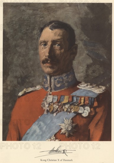 King Christian X. (1870 - 1947) was King of Denmark from 1912 to 1947 and became famous for his role as a symbol of national resistance against the German occupation during the Second World War, authentic, digitally restored reproduction from a 19th century original, exact date of depiction unknown, Historical