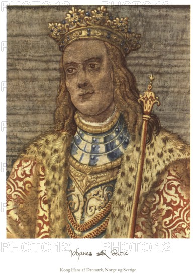 King Hans of Denmark, Norway and Sweden (1455 - 1513), also known as John I, reigned as King of Denmark (1481 - 1513), Norway (1483 - 1513) and Sweden (1497 - 1501) and was a monarch of the Kalmar Union, authentic, digitally restored reproduction from a 19th century original, exact date of depiction unknown, Historical