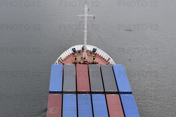 Aerial view, drone view of a container ship in the Kiel Canal, NOK, Kiel Canal, Kiel Canal, Schleswig-Holstein, Germany