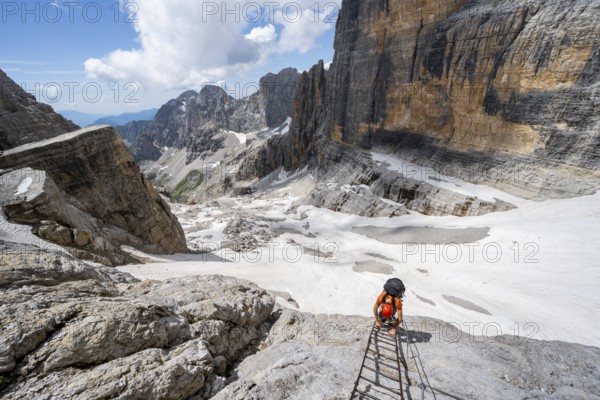Mountaineer climbs on a ladder in the Via Ferrata Brentari via ferrata, spectacular mountain landscape with steep rock faces, remains of the Vedretta d'Ambiez glacier in the back, Brenta Mountains, Brenta-Adamello Nature Park, Trentino, Italy
