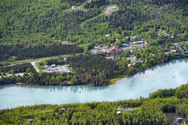 View from above of turquoise blue Kenai River, Cooper Landing, Kenai Peninsula, Alaska, USA