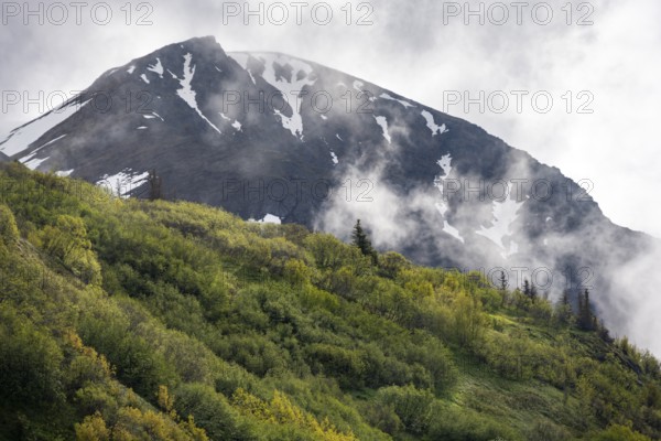 Fog sweeps around mountain peaks, Slaughter Ridge Trail, Cooper Landing, Kenai Peninsula, Alaska, USA