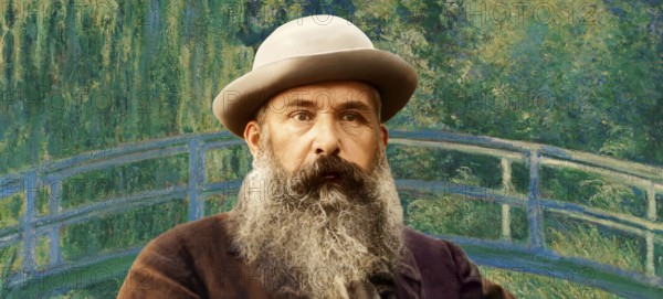 Portrait of Claude Monet, 1840 – 1926, French painter and founder of Impressionism, with his painting the Japanese Footbridge and the Water Lily Pond, garden at Givernyin the backgroud, 1899, digitally optimized based on a photograph by Nadar, subsequently colored