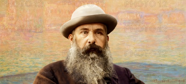 Portrait of Claude Monet, 1840 – 1926, French painter and founder of Impressionism, with his painting View of Doge's Palace from San Giorgio Maggiore, 1908, in the backgroud, digitally optimized based on a photograph by Nadar, subsequently colored
