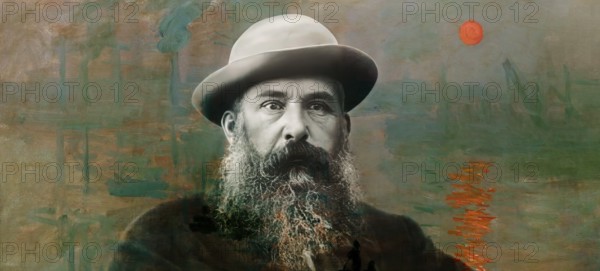 Portrait of Claude Monet, 1840 – 1926, French painter and founder of Impressionism, with his painting Impression, Soleil levant or Impression, Sunrise, 1872, in the backgroud, digitally optimized based on a photograph by Nadar, subsequently colored