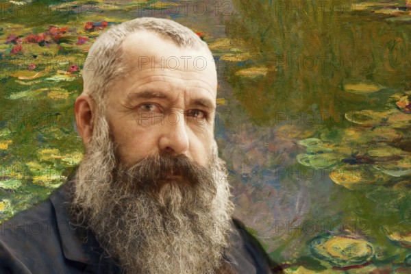 Portrait of Claude Monet, 1840 – 1926, French painter and founder of Impressionism, with his painting the Water Lily Pond, garden at Giverny in the backgroud, 1899, digitally optimized based on a photograph by Nadar, subsequently colored
