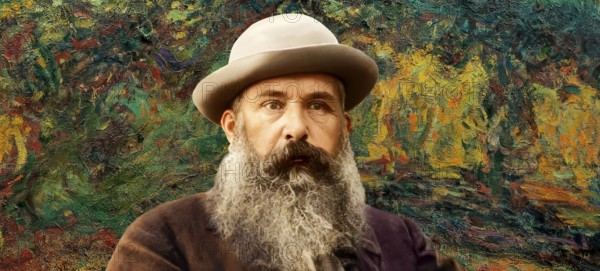 Portrait of Claude Monet, 1840 – 1926, French painter and founder of Impressionism, with his painting Le Pont japonais, the Japanese Footbridge, Giverny, 1924, garden at Giverny in the backgroud, digitally optimized based on a photograph by Nadar, subsequently colored
