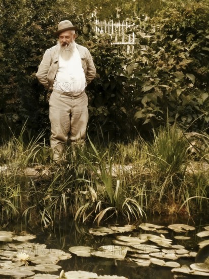 Portrait of Claude Monet, garden at Giverny, 1840 – 1926, French painter and founder of Impressionism, digitally optimized based on a historical photograph, subsequently colored