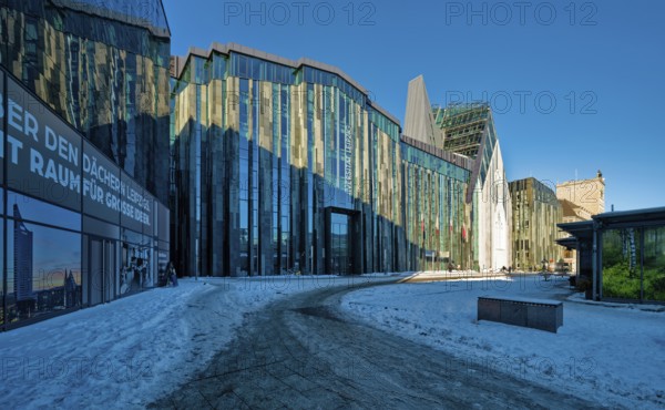 University of Leipzig, lecture hall building and Paulinum on Augustusplatz in winter with snow, Leipzig, Saxony, Germany