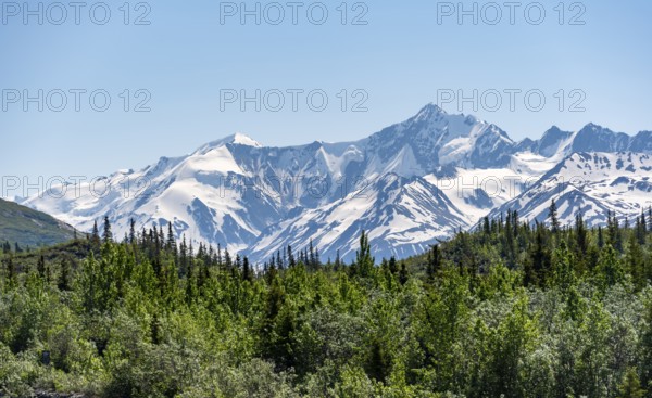 Mountain peak with snow, Alaska Range, Richardson Highway, Alaska, USA