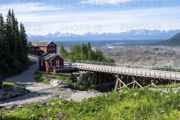 Red Kennicott Buildings in a Mountain Landscape, Historic Kennecott Copper Mine, National Historic Landmark, Wrangell St. Elias National Park, Alaska, USA